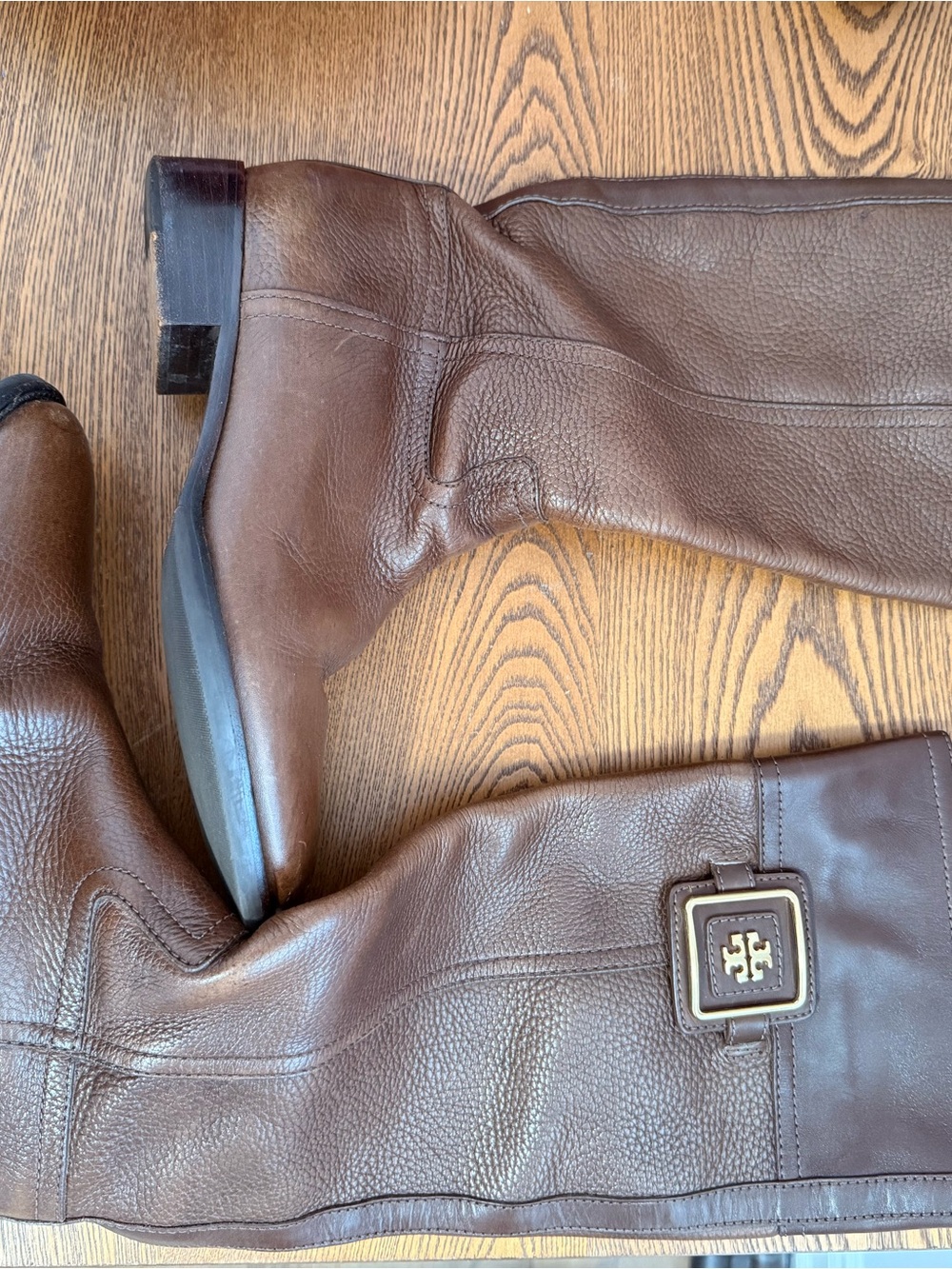 Tory Burch Dark Brown Leather Knee-High Riding Boots with Logo Buckle